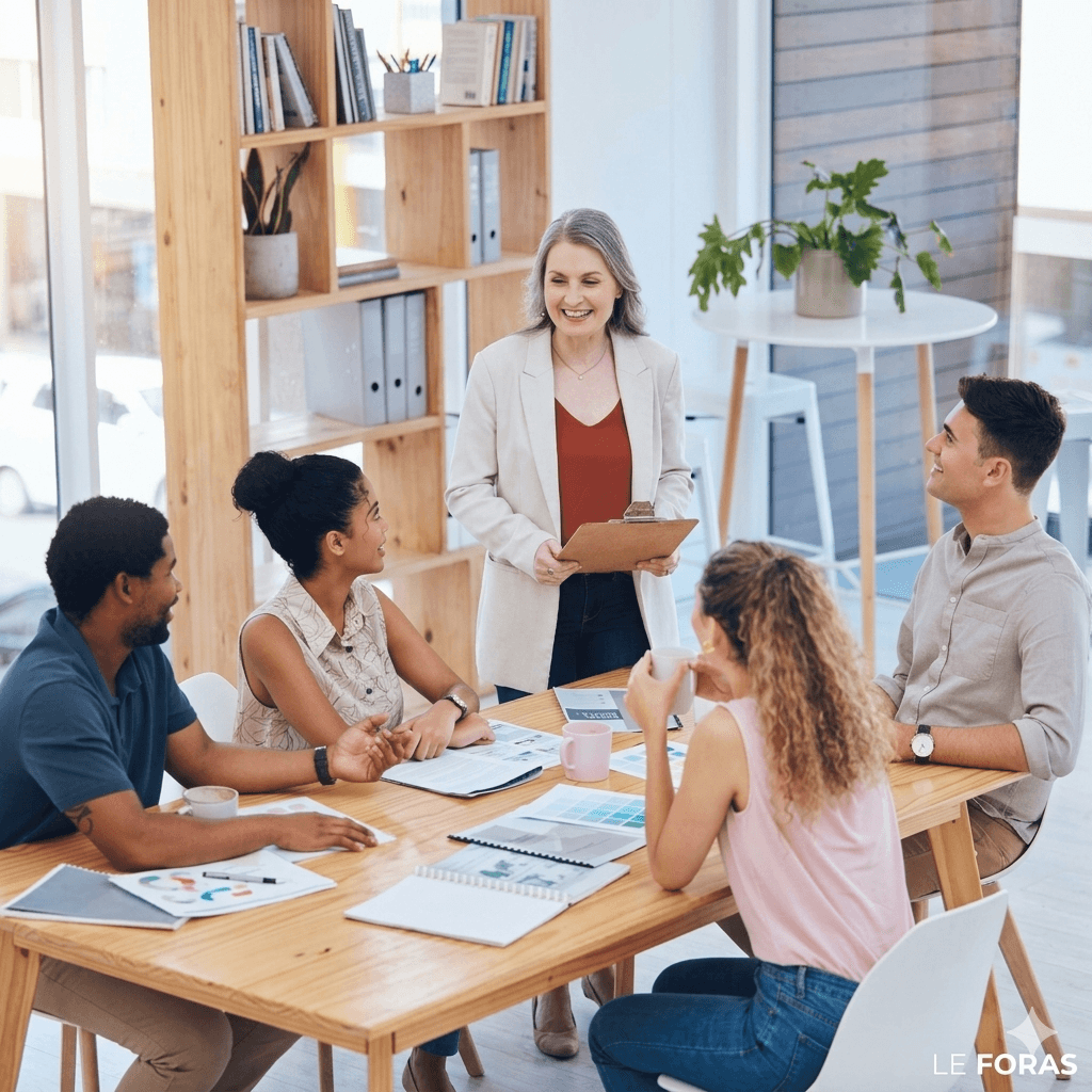 Facilitadora liderando sesión de programa corporativo